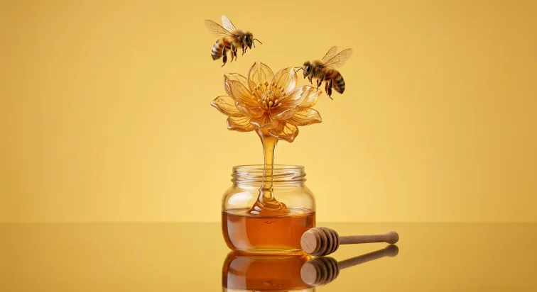 Vasetto di miele con fiore formato dal miele, due api e spargimiele su fondo giallo