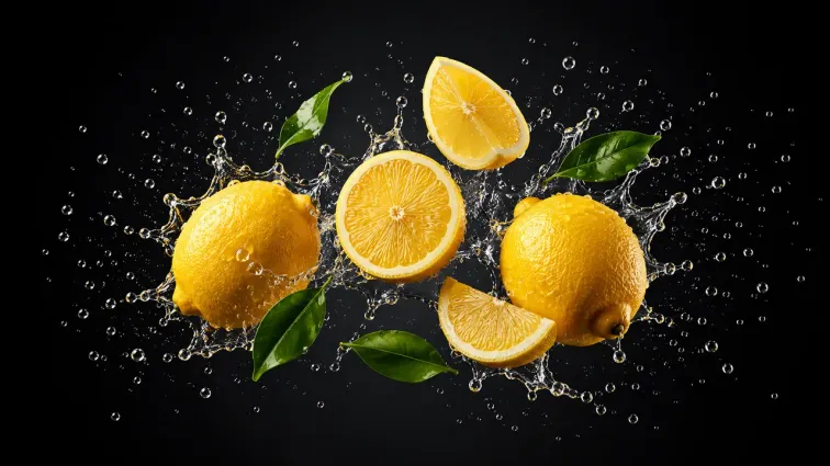 Limoni interi e tagliati con foglie verdi tra schizzi d'acqua su fondo nero