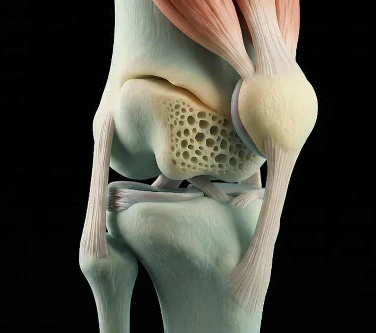Sezione anatomica di un ginocchio con ossa, legamenti e struttura interna porosa