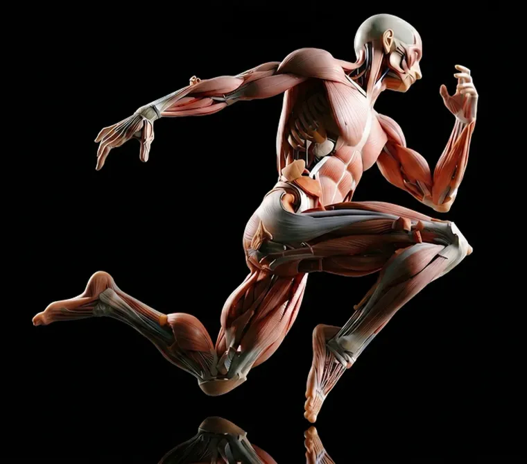 Modello anatomico del sistema muscolare umano in corsa su fondo nero