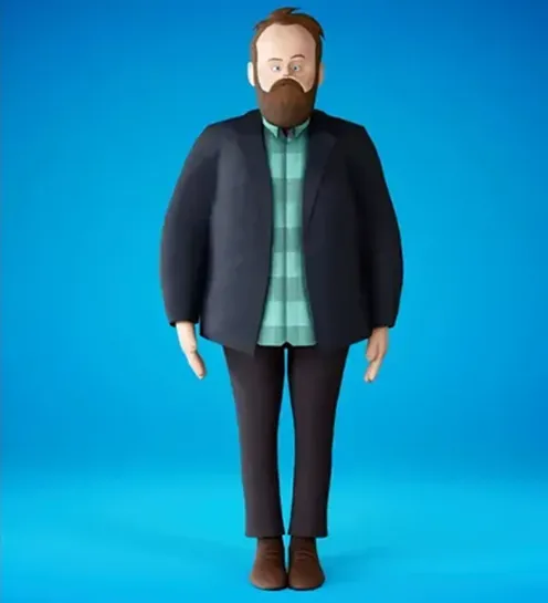 Personaggio 3D di Nicolas Ballario a figura intera con barba, giacca scura e camicia verde