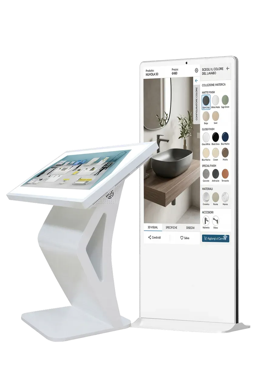 Configuratore 3D per lavabo mostrato su chiosco interattivo e display verticale