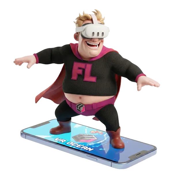 Mascotte Fabularis con visore VR in equilibrio su uno smartphone che mostra un gioco