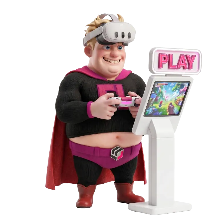 Mascotte Fabularis con visore VR e controller davanti a una postazione di gioco