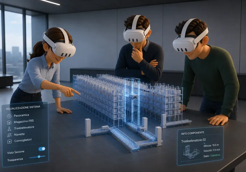 Tre persone con visori di realtà mista interagiscono con il modello olografico di un magazzino automatizzato System Logistics