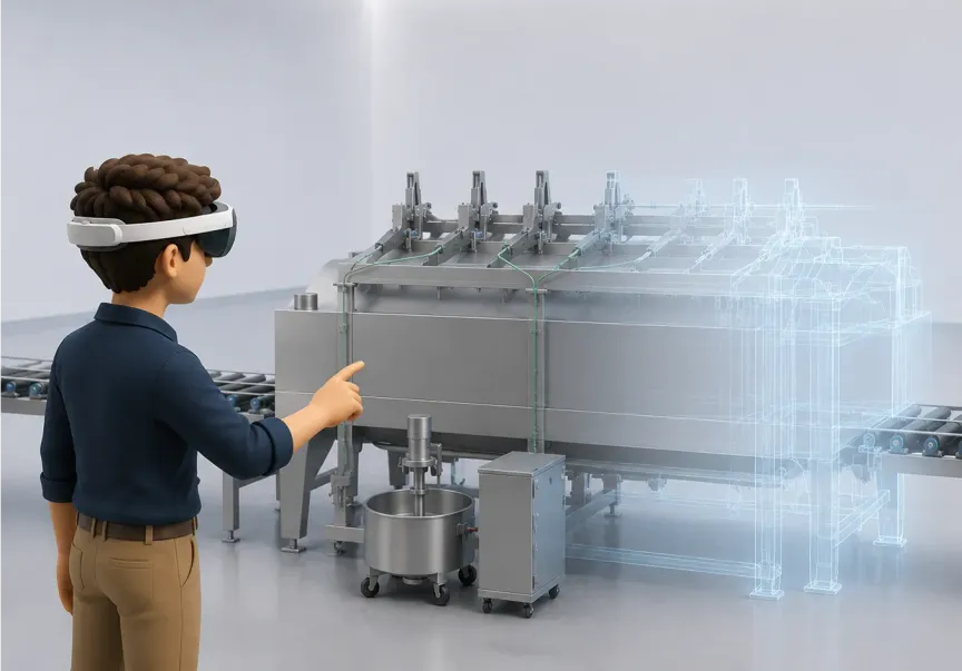 Tecnico con visore di realtà aumentata osserva il modello 3D di un impianto industriale Certech e Vibrotech