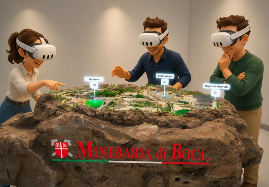 Tre persone con visori di realtà mista esplorano il modello interattivo della cava Mineraria di Boca