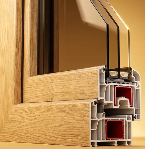 Sezione di un infisso in PVC effetto legno con vetrocamera tripla