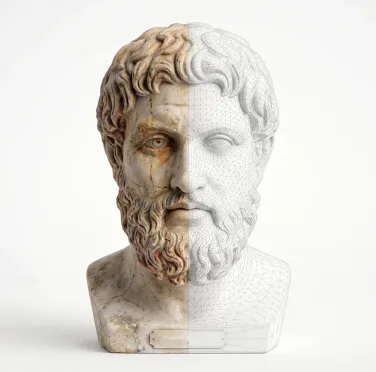 Busto marmoreo antico, metà scultura e metà modello 3D a reticolo