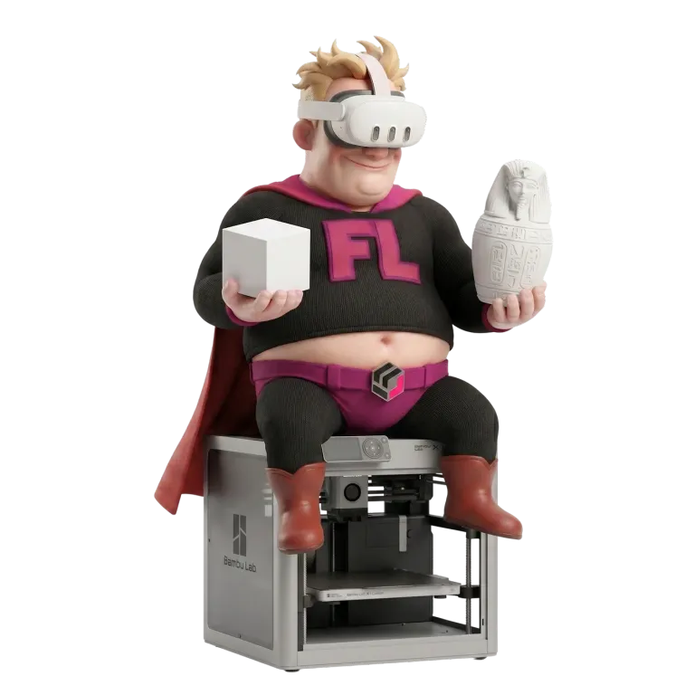 Personaggio 3D con visore VR seduto su una stampante 3D, con cubo e statuetta tra le mani