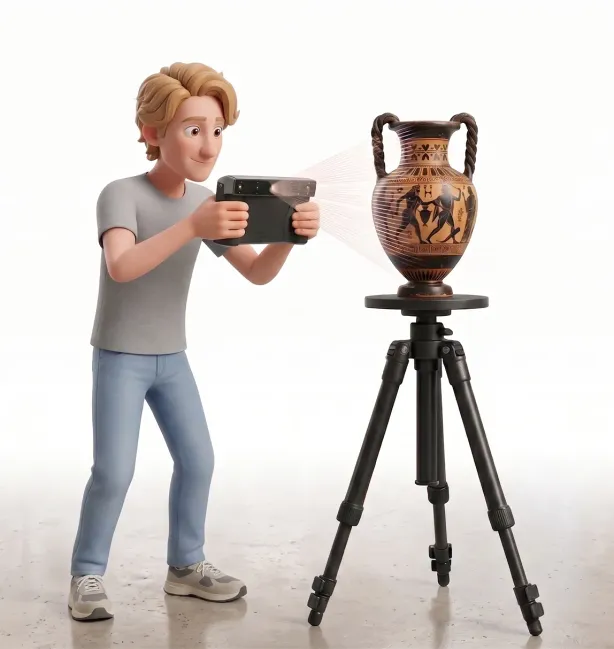 Operatore che digitalizza un'anfora antica con uno scanner 3D portatile